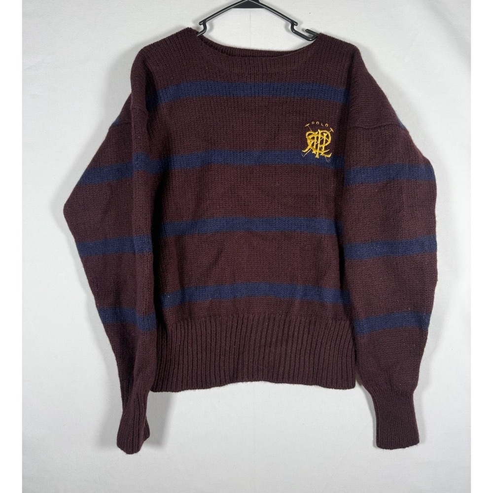 VTG Polo Ralph Lauren Striped Wool Knit Sweater Mens Large Scribble Crest Logo